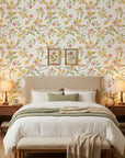 Golden Ramble pastel floral peel and stick wallpaper in a warm and inviting living room
