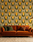 Golden Seed yellow and green organic seed pod wallpaper creating ambiance in a serene bathroom
