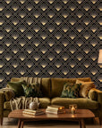 Golden Stage dramatic black and gold art deco fan wallpaper creating ambiance in a serene bathroom