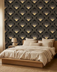 Golden Stage dramatic black and gold art deco fan wallpaper in a warm and inviting living room