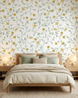 Linen textured Golden Tulip Vine wallpaper with sage green vines and golden yellow florals on cream backdrop