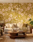 Golden Vista sunny landscape wallpaper in a warm and inviting living room