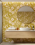 Golden Vista sunny landscape wallpaper creating ambiance in a serene bathroom