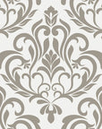 Elegant taupe and cream Golden Leaf Waltz damask wallpaper with ornate scrollwork and botanical motifs