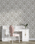 Taupe and gray damask Golden Leaf Waltz peel and stick wallpaper in elegant home office setting