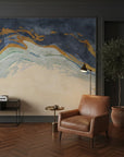 Golden Summit bold navy and gold mountain as a feature wall in a bright home office