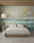 Golden Tide serene turquoise and gold ocean adding character to a cozy bedroom