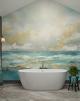 Golden Tide serene turquoise and gold ocean as a feature wall in a bright home office
