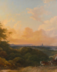 Classical Grand Valley Vista wallpaper featuring romantic landscape with golden sunset and travelers on hillside path