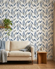 Hanging Garden blue botanical peel and stick wallpaper in a warm and inviting living room