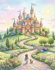 Whimsical Happily Ever After wallpaper featuring watercolor castle, garden path, and pastel sky in storybook style