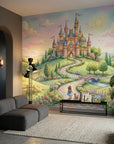 Happily Ever After fairy tale castle wallpaper mural installed in modern living room with child and dog illustration