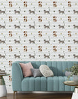 Removable nursery wallpaper showcasing sweet dogs and cats against a striped backdrop - Happy Stroll