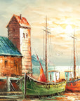Harbour Gold classic coastal harbour scene wallpaper creating ambiance in a serene bathroom