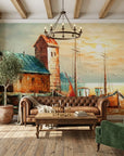 Textured painterly coastal harbour with sailboats peel and stick wallpaper - Harbour Gold