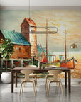 Harbour Gold classic coastal harbour scene wallpaper adding character to a cozy bedroom
