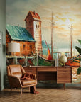Harbour Gold classic coastal harbour scene wallpaper as a feature wall in a bright home office