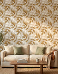 Harvest Crown neutral botanical peel and stick wallpaper in a warm and inviting living room