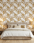 Harvest Crown neutral botanical peel and stick wallpaper adding character to a cozy bedroom