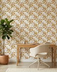 Harvest Crown neutral botanical peel and stick wallpaper as a feature wall in a bright home office
