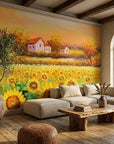 Textured golden sunflower countryside landscape peel and stick wallpaper - Harvest Glow