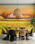 Harvest Glow golden sunflower countryside wallpaper adding character to a cozy bedroom