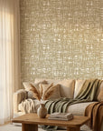 Harvest Loom neutral woven texture wallpaper in a warm and inviting living room