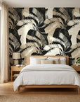 Hatch Echoes neutral beige abstract brush stroke wallpaper adding character to a cozy bedroom