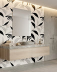 Hatched Frond earthy botanical wallpaper creating ambiance in a serene bathroom