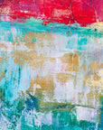 Heat & Tide vibrant red and teal abstract wallpaper creating ambiance in a serene bathroom
