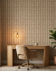 Heather Cross neutral textured stripe wallpaper as a feature wall in a bright home office