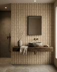 Heather Cross neutral textured stripe wallpaper creating ambiance in a serene bathroom