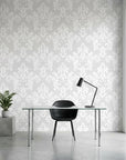 Heirloom Rose Medley soft grey and white damask wallpaper as a feature wall in a bright home office