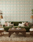 Heirloom Hush soft sage damask wallpaper in a warm and inviting living room