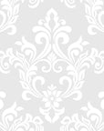 Elegant gray and white Heirloom Rose Medley damask wallpaper featuring ornate scrollwork and floral motifs