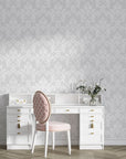 Gray and white damask Heirloom Rose Medley removable wallpaper on elegant vanity room wall