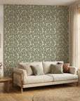 Herb & Ivory sage green botanical leaf in a warm and inviting living room