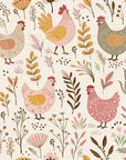 Textured peel and stick wallpaper with folk art hens and florals - Heritage Hens