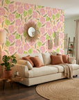 Hibiscus Hour blush pink hibiscus floral in a warm and inviting living room