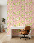 Hibiscus Hour blush pink hibiscus floral as a feature wall in a bright home office