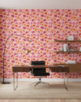 Hibiscus Carnival vibrant pink tropical wallpaper as a feature wall in a bright home office
