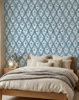 Hidden Court blue floral trellis wallpaper in a warm and inviting living room
