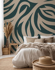 Non-representational wallpaper featuring flowing green and beige organic swirls