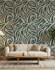 Hidden Rivers sage green and beige abstract swirl wallpaper in a warm and inviting living room