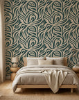 Hidden Rivers sage green and beige abstract swirl wallpaper adding character to a cozy bedroom