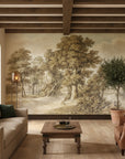 Highland River sepia landscape wallpaper mural with vintage trees on rustic living room wall