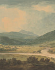Pastoral Highland River Valley wallpaper mural with sage mountains and winding river in soft earth tones