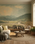 Sage and cream Highland River Valley mural wallpaper in serene living room with mountain landscape