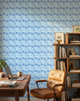 Hive Blue watercolor geometric peel and stick wallpaper creating ambiance in a serene bathroom