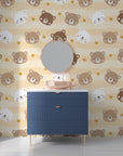 Removable wall mural featuring a repeating sequence of brown and white bear heads - Honey Smiles